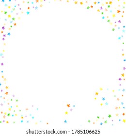 Rainbow Festive Confetti. Carnival Template. Colorful Star Falling. Beautiful Holidays Party. Little Tiny Multicolor Sprockets on White Background. Bright Vector Illustration.
