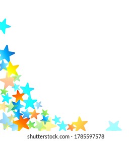 Rainbow Festive Confetti. Karnevalsvorlage. Farbiger Star fällt. Schöne Feiertage. Kleine, kleine, mehrfarbige Schmutzspritzen auf weißem Hintergrund. Helle Vektorgrafik.