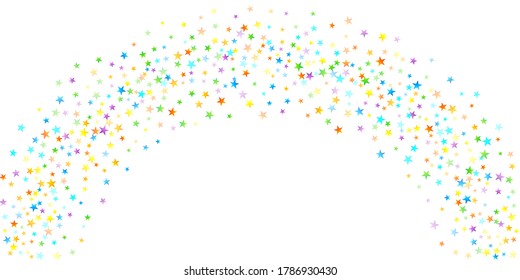 Rainbow Festive Confetti. Carnival Template. Colorful Star Falling. Beautiful Holidays Party. Little Tiny Multicolor Sprockets on White Background. Bright Vector Illustration.