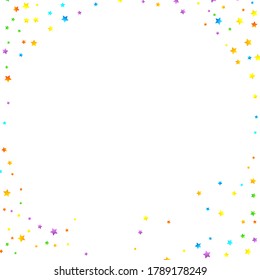 Confetti festivo arcoiris. Plantilla de Carnaval. Estrella Colorida Cae. Hermosa fiesta de vacaciones. Pequeños baldes multicolores sobre fondo blanco. Ilustración del vector brillante.