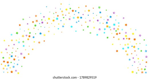 Rainbow Festive Confetti. Carnival Template. Colorful Star Falling. Beautiful Holidays Party. Little Tiny Multicolor stars on White Background. Bright Vector Illustration.