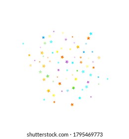 Rainbow Festive Confetti. Carnival Template. Colorful Star Falling. Beautiful Holidays Party. Little Tiny Multicolor Sprockets on White Background. Bright Vector Illustration.