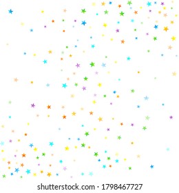 Rainbow Festive Confetti. Carnival Template. Colorful Star Falling. Beautiful Holidays Party. Little Tiny Multicolor Sprockets on White Background. Bright Vector Illustration.