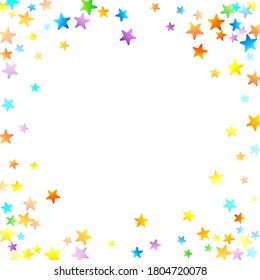 Rainbow Festive Confetti. Carnival Template. Colorful Star Falling. Beautiful Holidays Party. Little Tiny Multicolor Sprockets on White Background. Bright Vector Illustration.