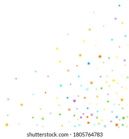 Confetti festivo arcoiris. Plantilla de Carnaval. Estrella Colorida Cae. Hermosa fiesta de vacaciones. Pequeños baldes multicolores sobre fondo blanco. Ilustración del vector brillante.