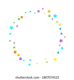 Confetti festivo arcoiris. Plantilla de Carnaval. Marco de estrella colorido circular en caída. Hermosa fiesta de vacaciones. Pequeños baldes multicolores sobre fondo blanco. Ilustración del vector brillante.