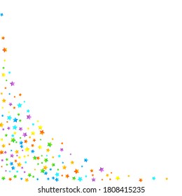Rainbow Festive Confetti. Carnival Template. Colorful Star Falling. Beautiful Holidays Party. Little Tiny Multicolor Sprockets on White Background. Bright Vector Illustration.