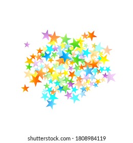 Rainbow Festive Confetti. Carnival Template. Colorful Star Falling. Beautiful Holidays Party. Little Tiny Multicolor Sprockets on White Background. Bright Vector Illustration.