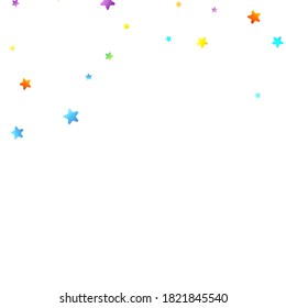 Rainbow Festive Confetti. Carnival Template. Colorful Star Falling. Beautiful Holidays Party. Little Tiny Multicolor Sprockets on White Background. Bright Vector Illustration.