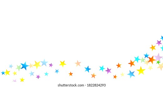 Confetti festivo arcoiris. Plantilla de Carnaval. Estrella Colorida Cae. Hermosa fiesta de vacaciones. Pequeños baldes multicolores sobre fondo blanco. Ilustración del vector brillante.
