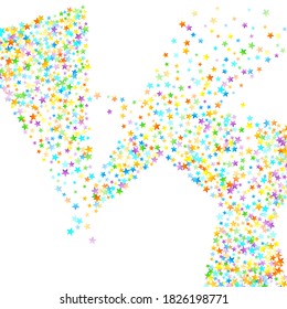 Rainbow Festive Confetti. Carnival Template. Colorful Star Falling. Beautiful Holidays Party. Little Tiny Multicolor Sprockets on White Background. Bright Vector Illustration.