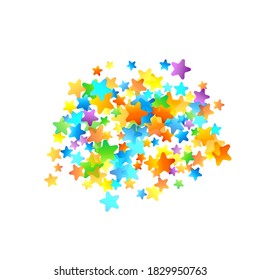 Confetti festivo arcoiris. Plantilla de Carnaval. Estrella Colorida Cae. Hermosa fiesta de vacaciones. Pequeños baldes multicolores sobre fondo blanco. Ilustración del vector brillante.