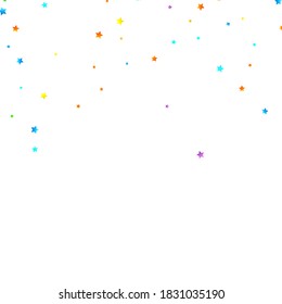 Confetti festivo arcoiris. Plantilla de Carnaval. Estrella Colorida Cae. Hermosa fiesta de vacaciones. Pequeños baldes multicolores sobre fondo blanco. Ilustración del vector brillante.