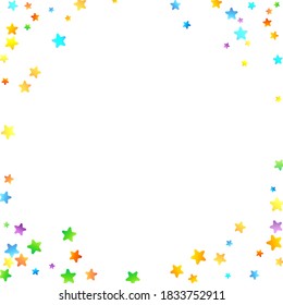 Rainbow Festive Confetti. Carnival Template. Colorful Star Falling. Beautiful Holidays Party. Little Tiny Multicolor Sprockets on White Background. Bright Vector Illustration.