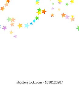 Rainbow Festive Confetti. Carnival Template. Colorful Star Falling. Beautiful Holidays Party. Little Tiny Multicolor Sprockets on White Background. Bright Vector Illustration.