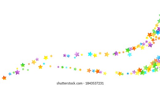 Rainbow Festive Confetti. Carnival Template. Colorful Star Falling. Beautiful Holidays Party. Little Tiny Multicolor Sprockets on White Background. Bright Vector Illustration.