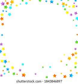 Rainbow Festive Confetti. Carnival Template. Colorful Star Falling. Beautiful Holidays Party. Little Tiny Multicolor Sprockets on White Background. Bright Vector Illustration.