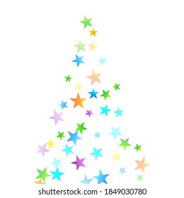 Rainbow Festive Confetti. Karnevalsvorlage. Farbiger Star fällt. Schöne Feiertage. Kleine, kleine, mehrfarbige Schmutzspritzen auf weißem Hintergrund. Helle Vektorgrafik.