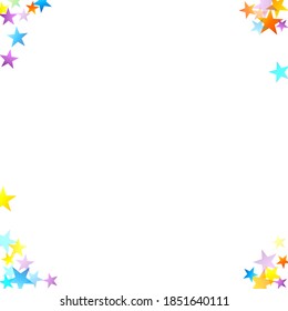 Rainbow Festive Confetti. Carnival Template. Colorful Star Falling. Beautiful Holidays Party. Little Tiny Multicolor Sprockets on White Background. Bright Vector Illustration.