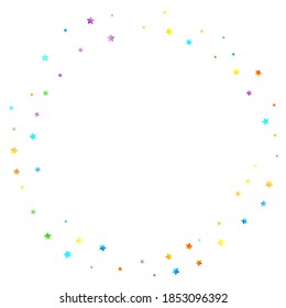 Rainbow Festive Confetti. Carnival Template. Colorful Star Falling. Beautiful Holidays Party. Little Tiny Multicolor Sprockets on White Background. Bright Vector Illustration.