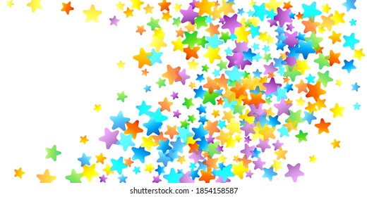 Rainbow Festive Confetti. Carnival Template. Colorful Star Falling. Beautiful Holidays Party. Little Tiny Multicolor Sprockets on White Background. Bright Vector Illustration.
