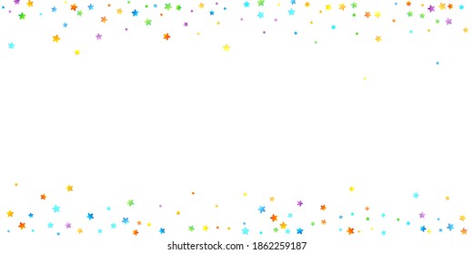 Rainbow Festive Confetti. Carnival Template. Colorful Star Falling. Beautiful Holidays Party. Little Tiny Multicolor Sprockets on White Background. Bright Vector Illustration.