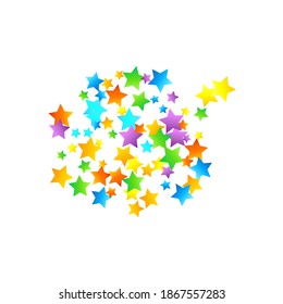 Rainbow Festive Confetti. Carnival Template. Colorful Star Falling. Beautiful Holidays Party. Little Tiny Multicolor Sprockets on White Background. Bright Vector Illustration.