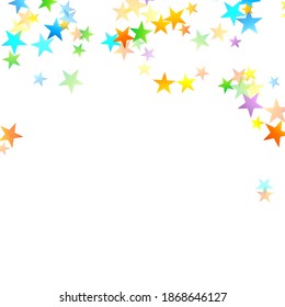 Confetti festivo arcoiris. Plantilla de Carnaval. Estrella Colorida Cae. Hermosa fiesta de vacaciones. Pequeños baldes multicolores sobre fondo blanco. Ilustración del vector brillante.
