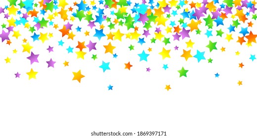 Rainbow Festive Confetti. Carnival Template. Colorful Star Falling. Beautiful Holidays Party. Little Tiny Multicolor Sprockets on White Background. Bright Vector Illustration.