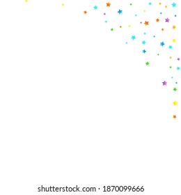 Rainbow Festive Confetti. Carnival Template. Colorful Star Falling. Beautiful Holidays Party. Little Tiny Multicolor Sprockets on White Background. Bright Vector Illustration.