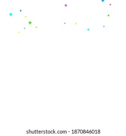 Confetti festivo arcoiris. Plantilla de Carnaval. Estrella Colorida Cae. Hermosa fiesta de vacaciones. Pequeños baldes multicolores sobre fondo blanco. Ilustración del vector brillante.