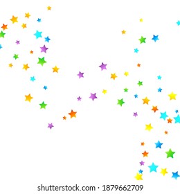 Rainbow Festive Confetti. Carnival Template. Colorful Star Falling. Beautiful Holidays Party. Little Tiny Multicolor Sprockets on White Background. Bright Vector Illustration.