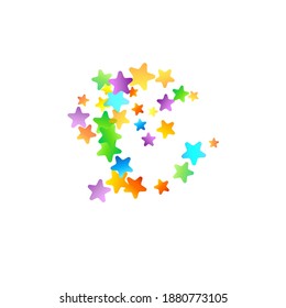 Rainbow Festive Confetti. Carnival Template. Colorful Star Falling. Beautiful Holidays Party. Little Tiny Multicolor Sprockets on White Background. Bright Vector Illustration.