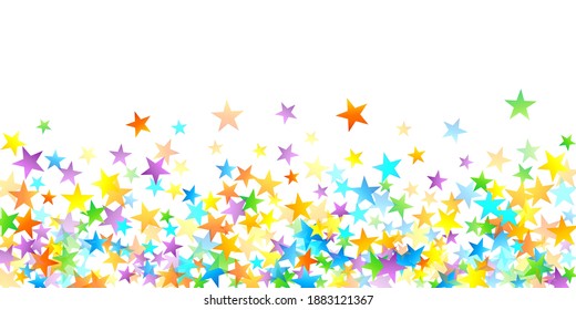 Rainbow Festive Confetti. Carnival Template. Colorful Star Falling. Beautiful Holidays Party. Little Tiny Multicolor Sprockets on White Background. Bright Vector Illustration.