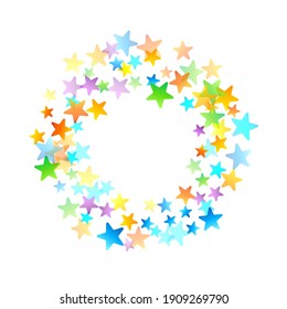 Rainbow Festive Confetti. Carnival Template. Colorful Star Falling. Beautiful Holidays Party. Little Tiny Multicolor Sprockets on White Background. Bright Vector Illustration.