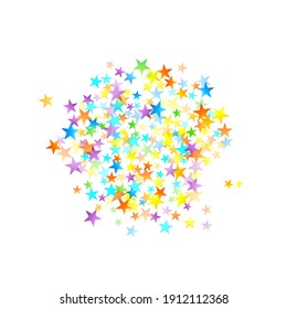 Rainbow Festive Confetti. Carnival Template. Colorful Star Falling. Beautiful Holidays Party. Little Tiny Multicolor Sprockets on White Background. Bright Vector Illustration.