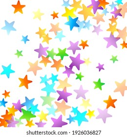 Rainbow Festive Confetti. Carnival Template. Colorful Star Falling. Beautiful Holidays Party. Little Tiny Multicolor Sprockets on White Background. Bright Vector Illustration.
