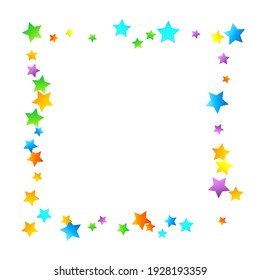 Rainbow Festive Confetti. Karnevalsvorlage. Farbiger Star fällt. Schöne Feiertage. Kleine, kleine, mehrfarbige Schmutzspritzen auf weißem Hintergrund. Helle Vektorgrafik.