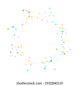 Rainbow Festive Confetti. Carnival Template. Colorful Star Falling. Beautiful Holidays Party. Little Tiny Multicolor Sprockets on White Background. Bright Vector Illustration.