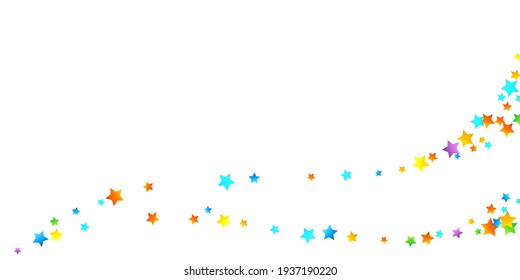 Rainbow Festive Confetti. Carnival Template. Colorful Star Falling. Beautiful Holidays Party. Little Tiny Multicolor Sprockets on White Background. Bright Vector Illustration.