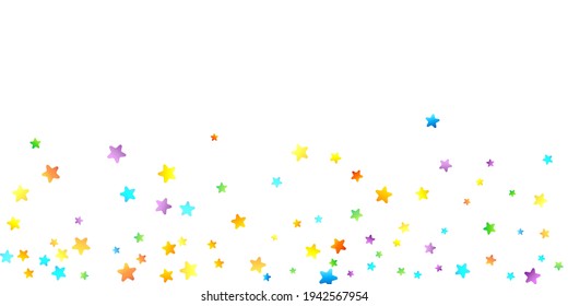 Rainbow Festive Confetti. Carnival Template. Colorful Star Falling. Beautiful Holidays Party. Little Tiny Multicolor Sprockets on White Background. Bright Vector Illustration.