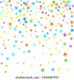 Rainbow Festive Confetti. Carnival Template. Colorful Star Falling. Beautiful Holidays Party. Little Tiny Multicolor Sprockets on White Background. Bright Vector Illustration.
