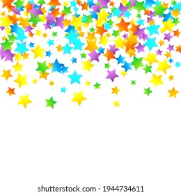 Rainbow Festive Confetti. Carnival Template. Colorful Star Falling. Beautiful Holidays Party. Little Tiny Multicolor Sprockets on White Background. Bright Vector Illustration.