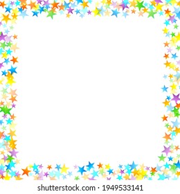 Rainbow Festive Confetti. Carnival Template. Colorful Star Falling. Beautiful Holidays Party. Little Tiny Multicolor Sprockets on White Background. Bright Vector Illustration.