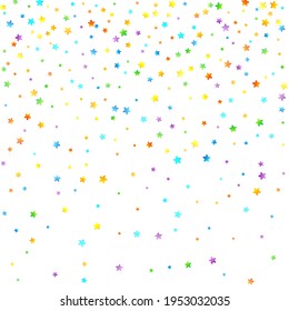 Rainbow Festive Confetti. Carnival Template. Colorful Star Falling. Beautiful Holidays Party. Little Tiny Multicolor Sprockets on White Background. Bright Vector Illustration.