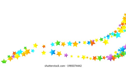 Rainbow Festive Confetti. Carnival Template. Colorful Star Falling. Beautiful Holidays Party. Little Tiny Multicolor Sprockets on White Background. Bright Vector Illustration.