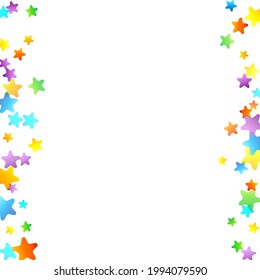 Rainbow Festive Confetti. Carnival Template. Colorful Star Falling. Beautiful Holidays Party. Little Tiny Multicolor Sprockets on White Background. Bright Vector Illustration.