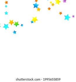 Confetti festivo arcoiris. Plantilla de Carnaval. Estrella Colorida Cae. Hermosa fiesta de vacaciones. Pequeños baldes multicolores sobre fondo blanco. Ilustración del vector brillante.