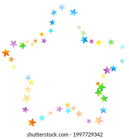 Rainbow Festive Confetti. Carnival Template. Colorful Star Falling. Beautiful Holidays Party. Little Tiny Multicolor Sprockets on White Background. Bright Vector Illustration.