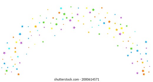 Rainbow Festive Confetti. Carnival Template. Colorful Star Falling. Beautiful Holidays Party. Little Tiny Multicolor Sprockets on White Background. Bright Vector Illustration.